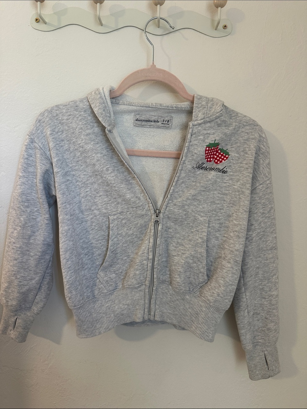 abercrombie kids Heather Gray Zip Hoodie with Strawberry Patch